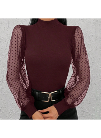 Kadın Uzun Kollu Tül Detaylı Yarım Balıkçı Yaka Kaşkorse Bluz
