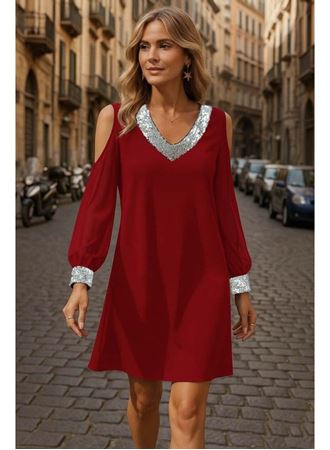 Kadın Uzun Kollu Kollar Tül V Yakalı Mini Janjan Krep Elbise