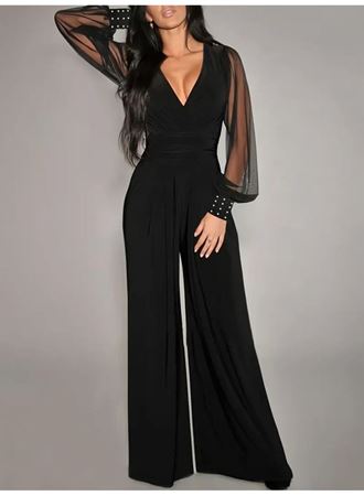 Kadın Uzun Kollu Kruvaze Yakalı Kolları Tüllü Viskon Tulum