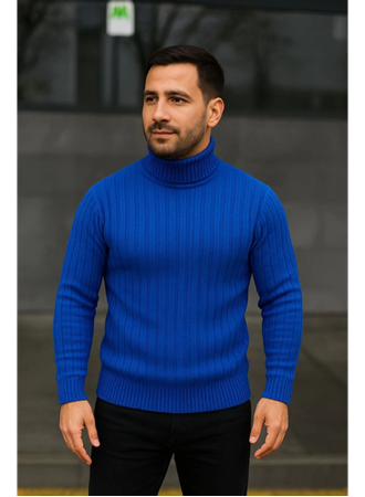 Erkek Balıkcı Yaka Bağazlı Triko Kazak Pamuklu Kalın Fitilli Dokuma, Regular Fit Uzun Kollu Kışlık Model - Saks Mavisi