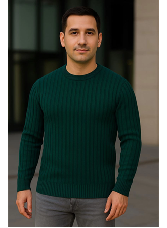 Erkek Bisiklet Yuvarlak Yaka Triko Kazak Pamuklu Kalın Fitilli Dokuma, Regular Fit Uzun Kollu Kışlık Model - Haki