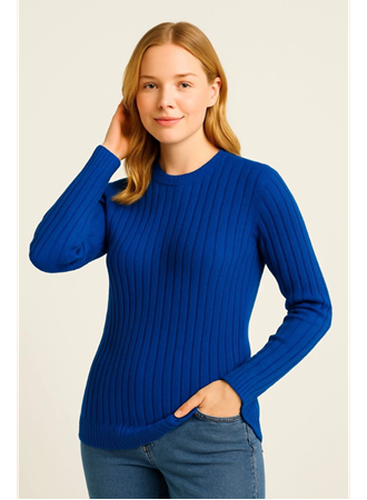 Bisiklet Yuvarlak Yaka Triko Kazak Pamuklu Kalın Fitilli Dokuma, Regular Fit Uzun Kollu Kışlık Model - Saks Mavisi