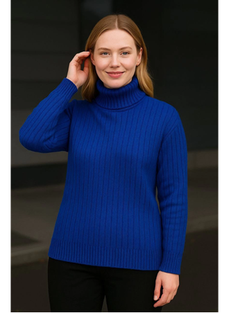 Balıkcı Yaka Bağazlı Triko Kazak Pamuklu Kalın Fitilli Dokuma - Saks Mavisi