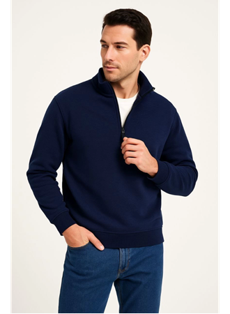 Erkek Dik Yaka Sweatshirt Dik Yaka Yarım Fermuarlı 3 İplik Şardonlu Pamuk Kumaş - Lacivert