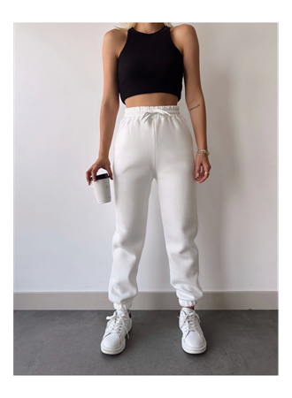 Üç İplik Basic Lastikli Eşofman Pantolon - Beyaz