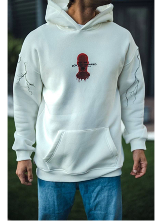 Üç İplik Kapşonlu Baskılı Oversize SweatShirt- Beyaz