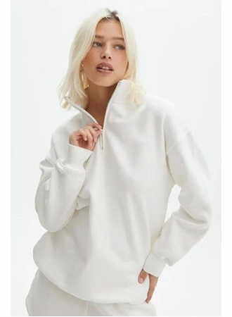 Unisex Uzun Kol Yarım Farmuarlı Yakalı Basic SweatShirt - Beyaz