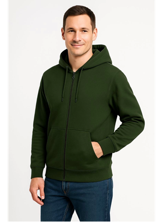 Erkek Üç İplik Kapüşonlu Tam Fermuarlı Kanguru Çepli SweatShirt Hoodie - Haki