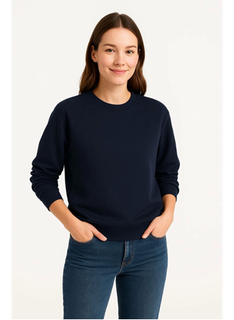 Üç İplik Düz Bisiklet Yaka SweatShirt - Lacivert