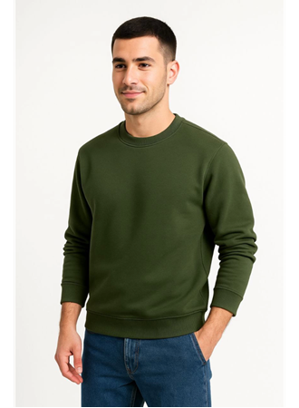 Erkek Üç İplik Düz Bisiklet Yaka SweatShirt - Haki