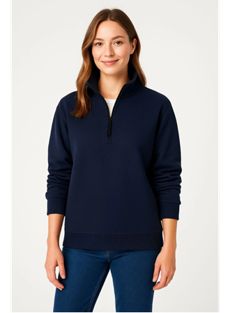 Üç İplik Dık Yaka Yarım Fermuarlı SweatShirt - Lacivert