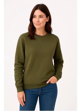 Üç İplik Düz Bisiklet Yaka SweatShirt - Haki