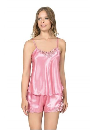 Arias Closet Koyu Pembe Saten Babydoll Şort Takım