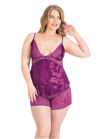 Arias Closet Büyük Beden Mor Saten Babydoll Şort Takımı