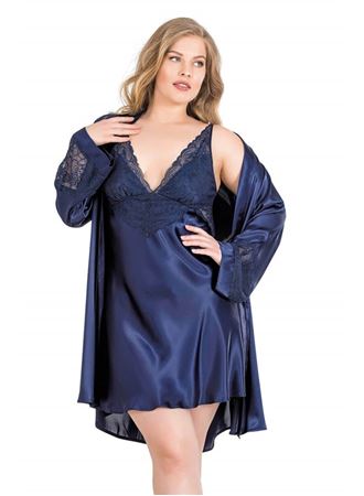 Arias Closet Büyük Beden Lacivert Kısa İkili Saten Sabahlık Gecelik Takımı