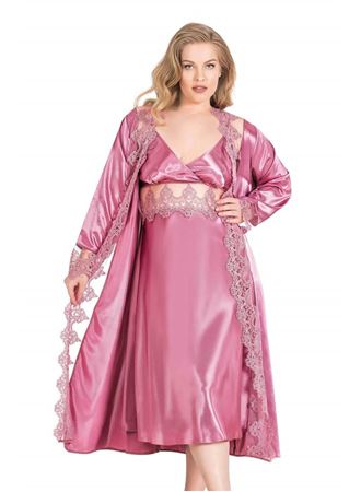 Arias Closet Büyük Beden Gül Kurusu Uzun İkili Saten Sabahlık Gecelik Takımı