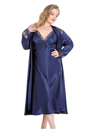 Arias Closet Büyük Beden Lacivert Uzun İkili Saten Sabahlık Gecelik Takımı