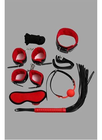 Arias Closet Kırmızı/Siyah İçi Tüylü Deri 7'li Harness Set