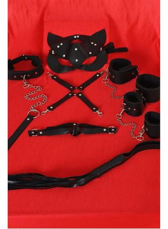 Arias Closet Siyah İçi Tüylü Maske,Kol,Bacak,Ağız Topu,Kırbaç,Tasma Set