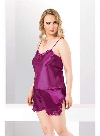 Büyük Beden Mor Saten Babydoll Şort Takımı