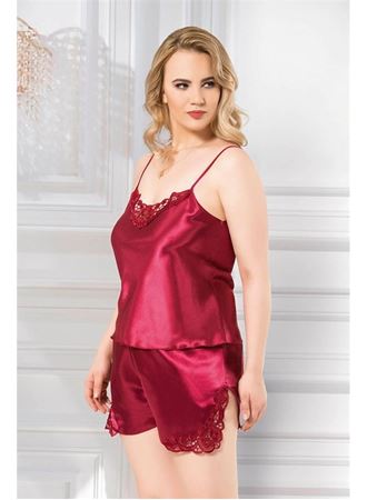 Büyük Beden Bordo Saten Babydoll Şort Takımı