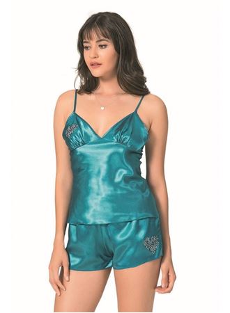 Petrol Saten Babydoll Şort Takımı