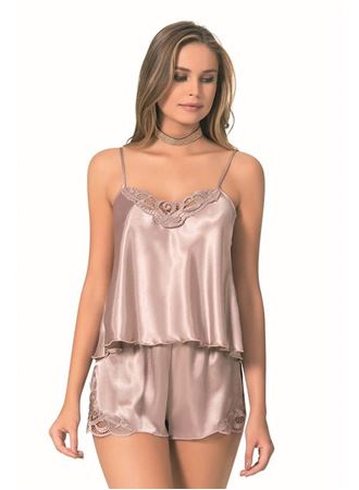 Vizon Saten Babydoll Şort Takımı