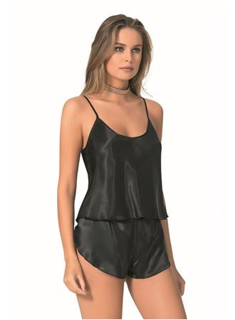 Siyah Saten Babydoll Şort Takımı