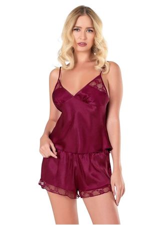 Bordo Saten Babydoll Şort Takımı