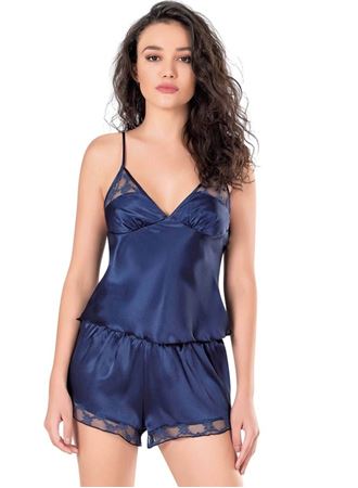 Lacivert Saten Babydoll Şort Takımı