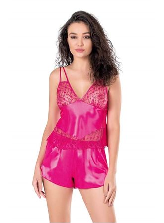 Fuşya Saten Babydoll Şort Takımı