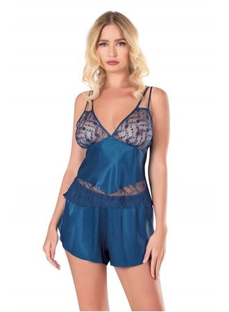 Petrol Mavisi Saten Babydoll Şort Takımı