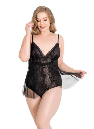 Büyük Beden Siyah Bodysuit Jakarlı Gecelik