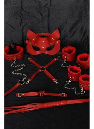 Kırmızı İçi Tüylü Maske,Kol,Bacak,Ağız Topu,Kırbaç,Tasma Harness Set