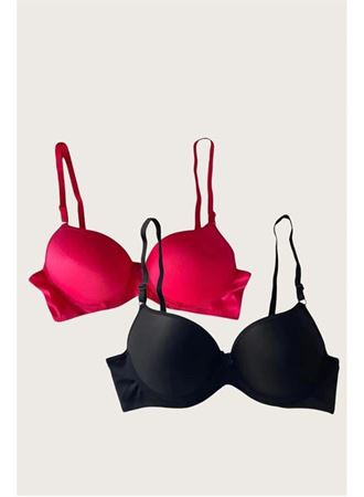 Siyah-Kırmızı 2'li Mikro Kumaş Push Up Dolgulu Balenli Günlük Destekli Sütyen