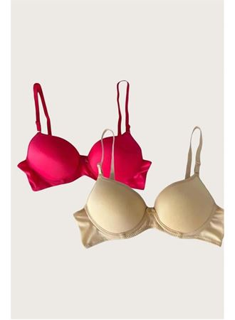 Kırmızı-Ten 2'li Mikro Kumaş İçi Boş Balenli Günlük Desteksiz Sütyen