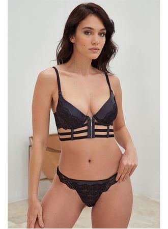 Deri Görünümlü Balenli Destekli Dolgulu Askıları Çıkabilen Fermuarlı Dantelli Büstiyer Sütyen ve Slip Takım