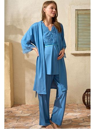 Sıfır Kol V Yaka Kadın Viskon Düz Yazlık Uzun Dantel Detaylı Hamile Pijama Takımı Sabahlık