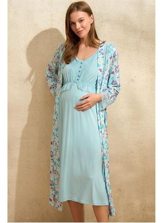 Sıfır Kol V Yaka Viskon Çiçek Desenli Yazlık Uzun Dantel Detaylı Hamile Gecelik Sabahlık