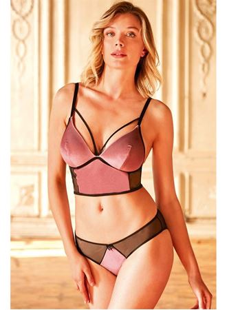 Kadife Balensiz Desteksiz Dolgusuz Yaka Detaylı Bralet Sütyen ve Slip Takım