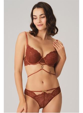Balenli Destekli Dolgulu Göbek Detaylı Dantelli Sütyen ve Slip Takım
