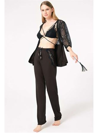 Dantelli Sabahlık Balensiz Desteksiz Dolgusuz Yaka Detaylı Sütyen ve Pantolon Pijama 3'lü Takım