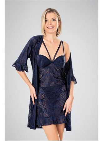 Lacivert Dantel İşlemeli 2'li Sabahlık Takımı