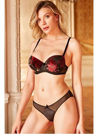 Tül Balenli Destekli Dolgulu Çiçek Baskılı Sütyen ve Slip Takım