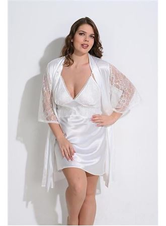 Büyük Beden 2li Ekru Sabahlık Takımı Bigsize