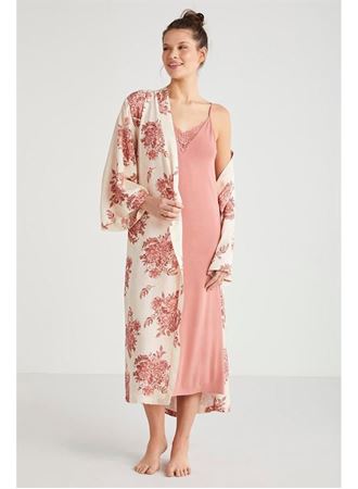 Catherine's %100  Viskon Çiçek Desen 2'li Sabahlık Gecelik Takımı