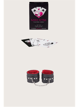 Sexy Görselli Oyun Kartı Kama Sutra Siyah Kırmızı Kelepçe Set
