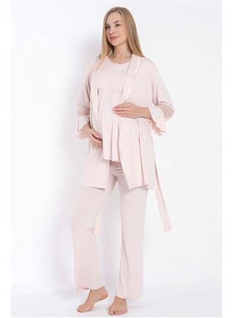 Kısa Kol Bisiklet Yaka Kadın Viskon Dantel Detaylı Hamile Pijama Takımı Sabahlık