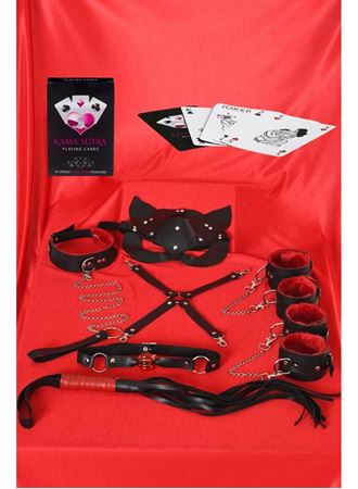 Sexy Görselli Oyun Kartı Kama Sutra 7'li Kırmızı Siyah Harness Set