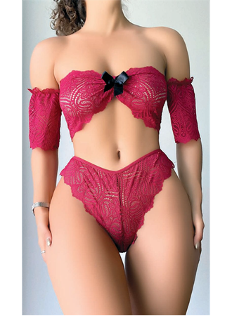 Fiyonk Detaylı Kırmızı Dantel Sütyen Külot Takım